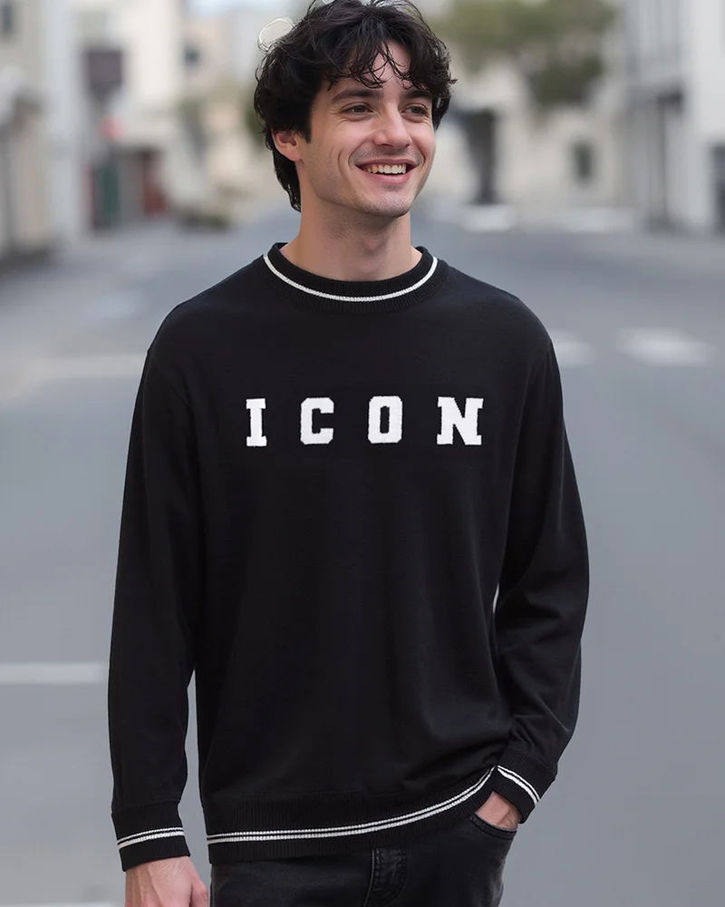 بيواكوف Men's Jet Black Icon Typography Oversized Sweater